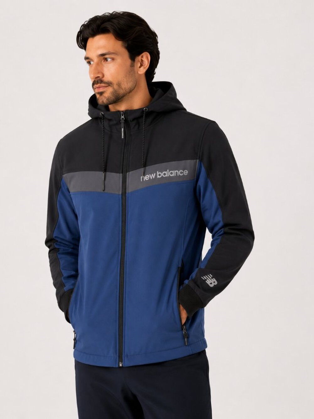 New Balance Men’s S Blue Black Colorblock Softshell Full Zip Hooded Jacket